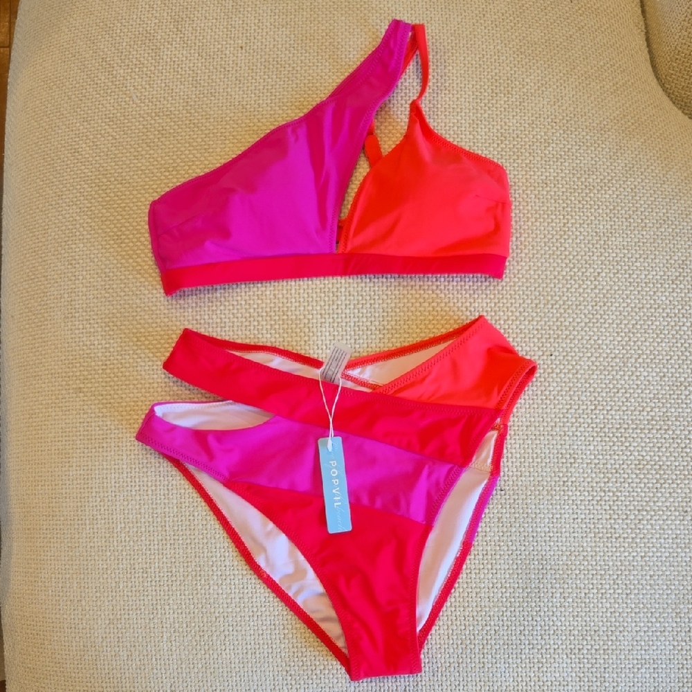 Popvil Cutout One-Shoulder Color Block Bikini Set - Picture 3 of 11